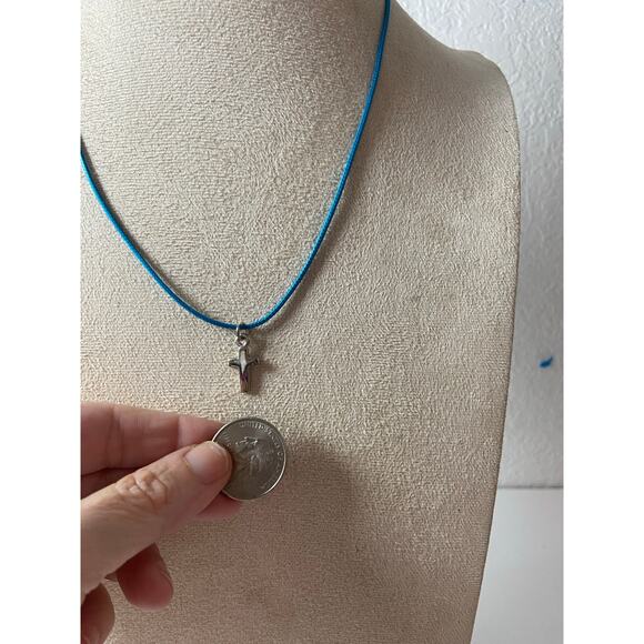 Silver Tone Cross Pendant Necklace on Blue Cord - Picture 2 of 3